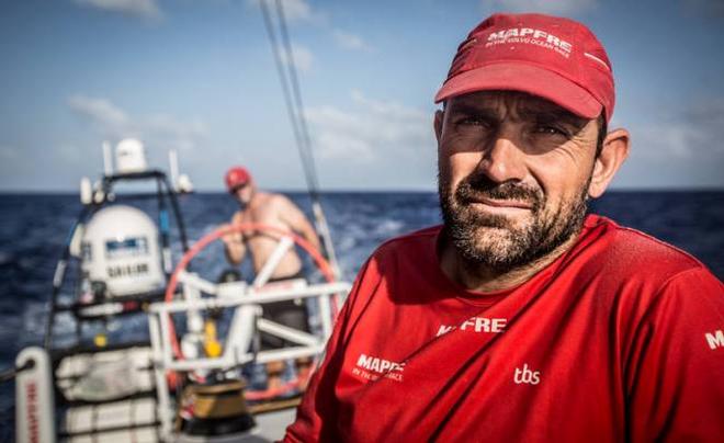 Alt onboard MAPFRE. Day 14. Xabi Fernandez focused on trying to catch Alvimedica. Rob Greenhalgh in the background on helm1