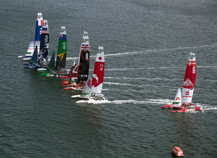 The fleet cross the start line at the start of the race on day 1. Sydney SailGP, Event 1 Season 2 in Sydney Harbour, Sydney, Australia. 28 February 2020. Photo: David Gray for SailGP. Handout image supplied by SailGP