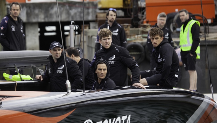 Emirates Team New Zealand's AC75 on the Waitemata Harbour in Auckland, New Zealand